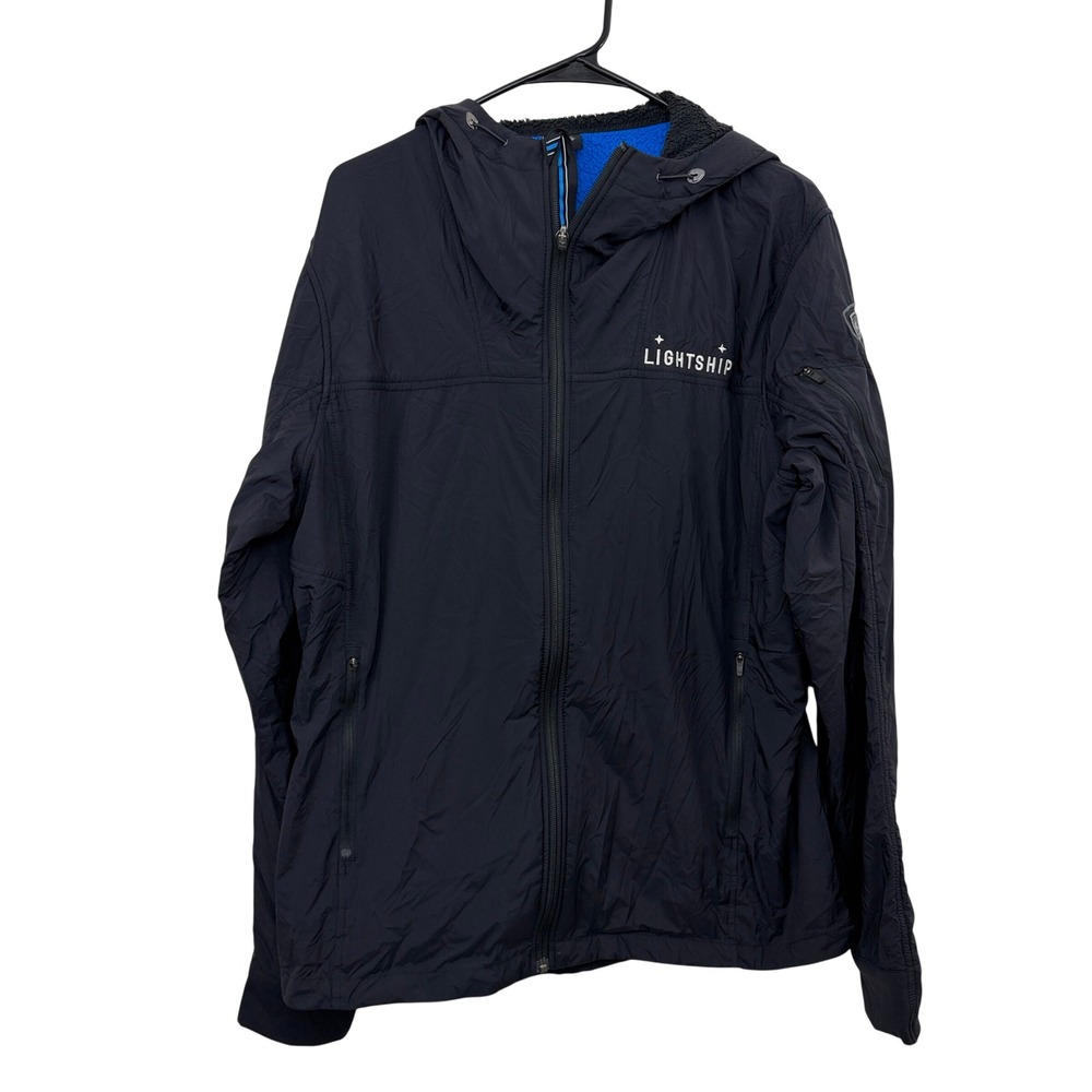 KUHL Jacket Mens Large Black The One Hooded Fleece Lined Windproof Zip LOGO